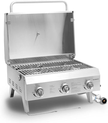 22" Portable Propane Gas Grill, 3-Burner Stainless Steel Tabletop BBQ with Foldable Legs, 30,000 BTU, Outdoor Camping & Tailgating Ready